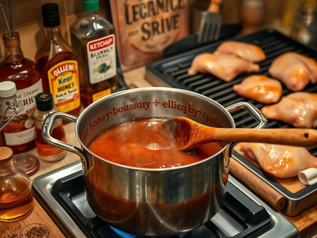 making honey bourbon sauce for grilling chicken