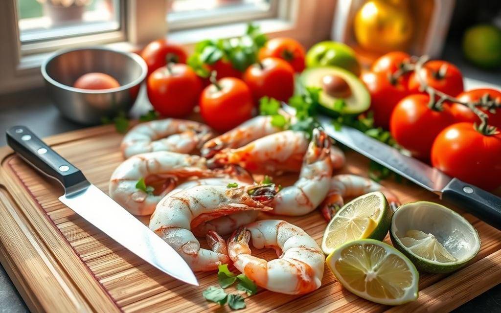 Preparing shrimp for Mexican Shrimp Cocktail