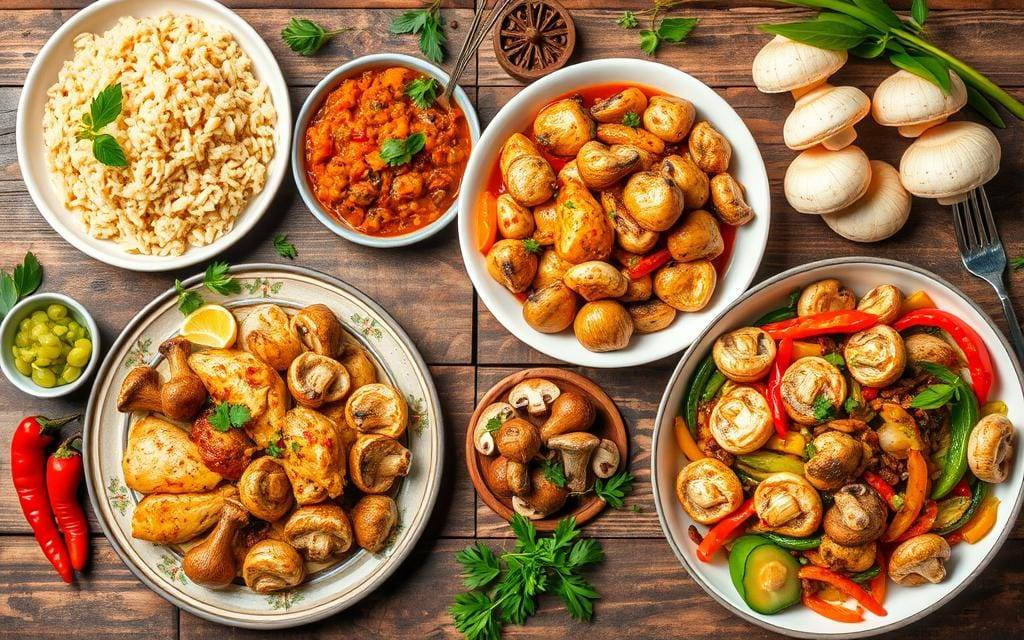 international cuisine with chicken mushroom dishes