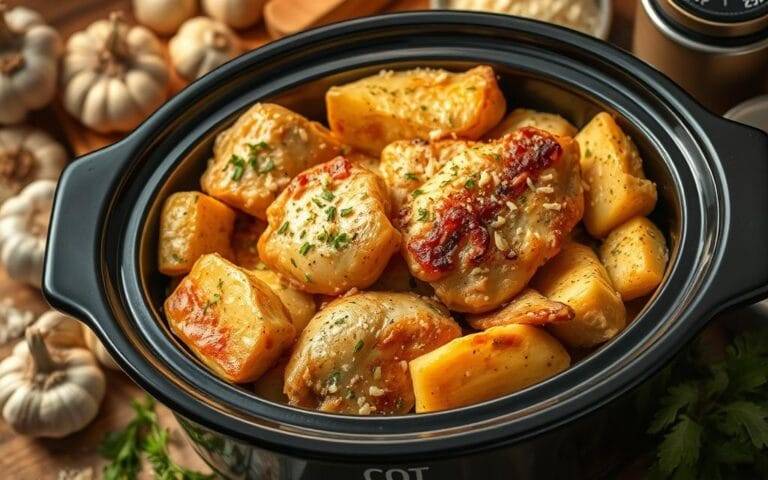 slow cooker garlic parmesan chicken and potatoes