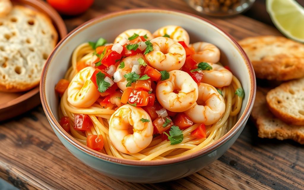 easy shrimp pasta with pico de gallo