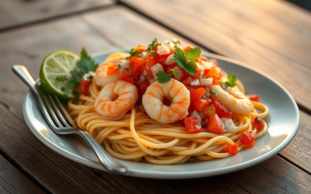 serving creamy shrimp pasta